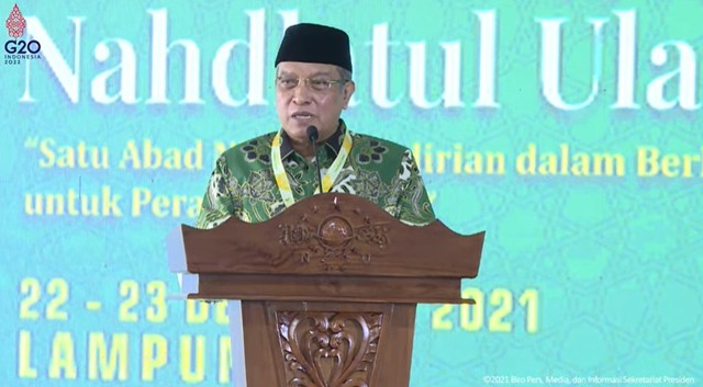 Ketua Umum Pengurus Besar Nahdlatul Ulama (PBNU) KH Said Aqil Siradj di acara Muktamar NU. Foto: Youtube/Sekretariat Presiden