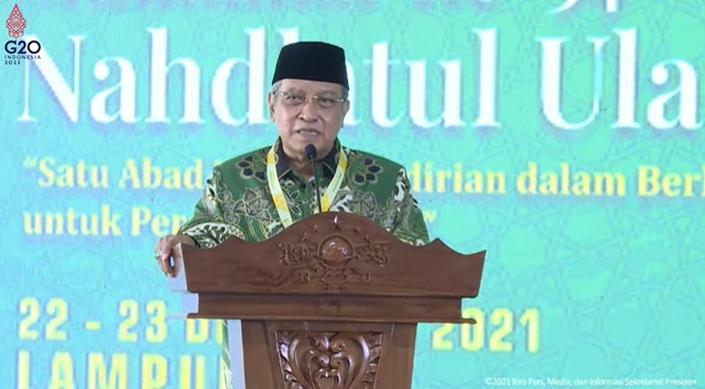 Ketua Umum Pengurus Besar Nahdlatul Ulama (PBNU) KH Said Aqil Siradj di acara Muktamar NU. Foto: Youtube/Sekretariat Presiden