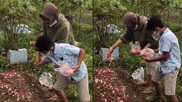 Aksi bocah ziarah ke makam ibu sambil tiru gaya Salt Bae saat tabur bunga. (Foto: @itsineyyy/TikTok)