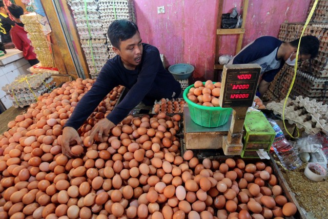 Pedagang menimbang telur yang dijual di Pasar Cibinong, Kabupaten Bogor, Jawa Barat, Senin (27/12).  Foto: Yulius Satria Wijaya/ANTARA FOTO