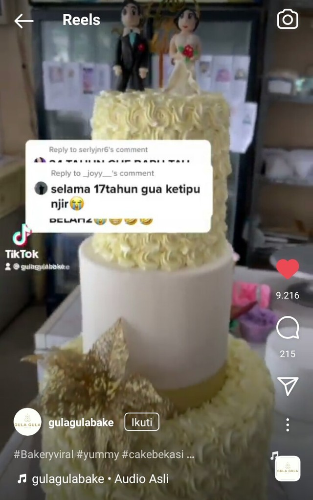 Unggahan netizen tentang kue pengantin yang terbuat dari styrofoam (Sumber Instagram/@gulagulabake)