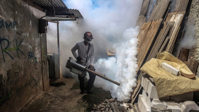 Petugas melakukan pengasapan (fogging) di pemukiman warga. Foto: ANTARA FOTO/Yulius Satria Wijaya