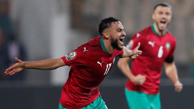 Selebrasi pemain Maroko usai mencetak gol ke gawang Ghana pada pertandingan Grup C Piala Afrika di Stade Ahmadou Ahidjo, Yaounde, Kamerun.
 Foto: Mohamed Abd El Ghany/REUTERS