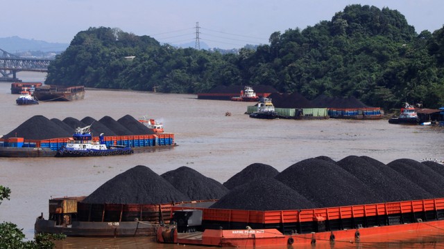 Tumpukan batu bara terlihat diangkut dengan tongkang di Samarinda, Kalimantan Timur, Selasa (11/1). Foto: AKSARA M. RAHMAN/AFP