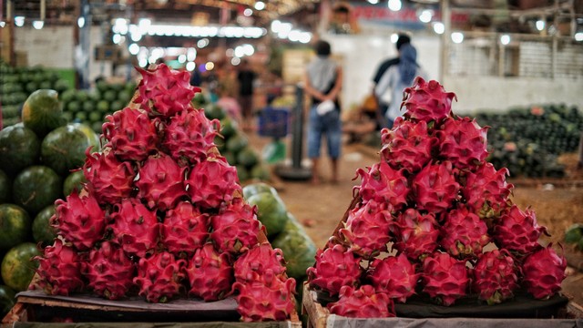 Tumpukan buah naga yang dijual di Pasar Induk Kramat Jati, Jakarta Timur, Rabu (12/1/2022). Foto: Jamal Ramadhan/kumparan