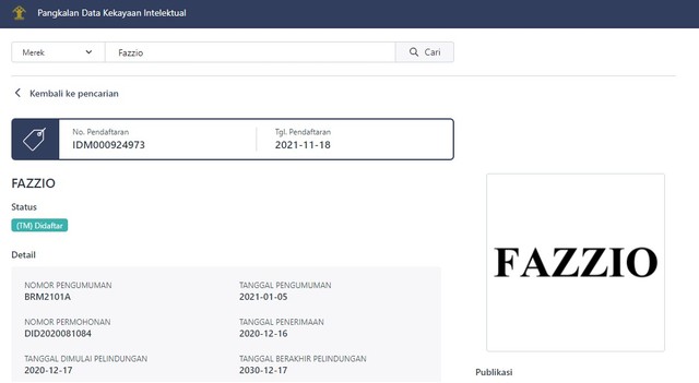 Paten merk nama 'Fazzio' yang didaftarkan oleh Yamaha Jepang di laman resmi Pangkalan Data Kekayaan Intelektual. Foto: dok. PDKI Kemenkumham RI