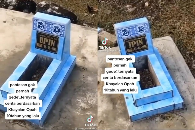 Penampakan makam Upin Ipin. Foto: Tangkapan Layar TikTok @abi_alonk3110