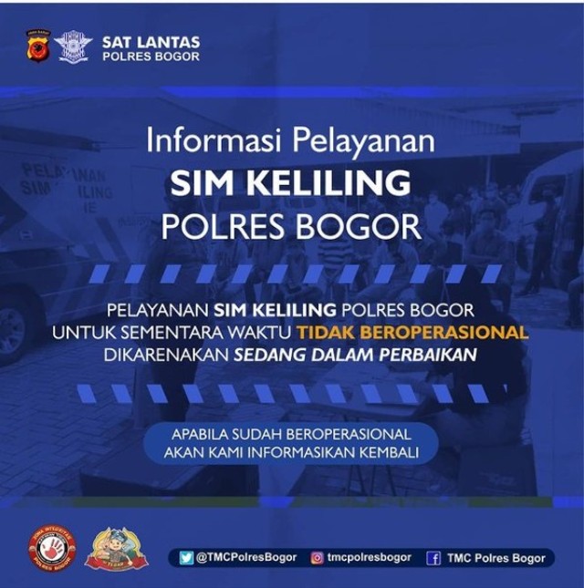Pemberitahuan Tidak Beroperasionalnya SIM Keliling di Kabupaten Bogor. Foto: tmcpolresbogor