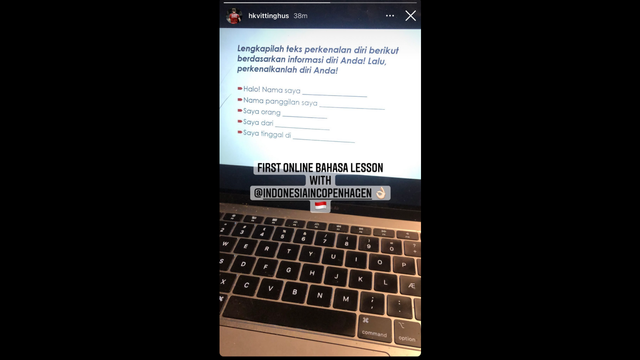 Unggahan Instagram Story Hans-Kristian Vittinghus sedang belajar Bahasa Indonesia. Foto: Instagram.com/hkvittinghus