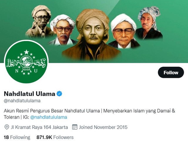 Akun resmi Twitter Nahdlatul Ulama.
 Foto: Twitter/@nahdlatululama