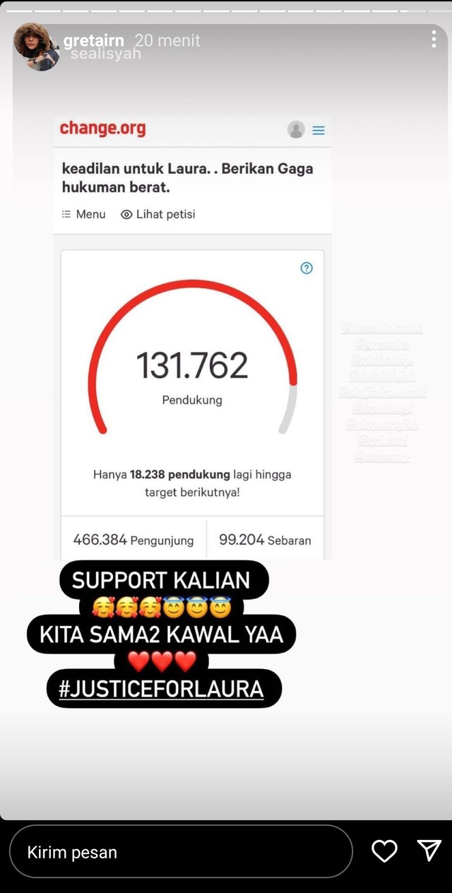 Petisi yang menuntut hukuman Gaga Muhammad diperberat. Foto: Instagram/@gretairn