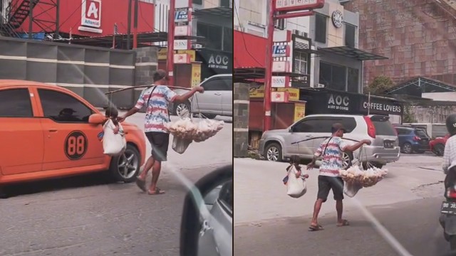 Pria panggul dagangan dan anaknya sekaligus bikin publik terharu. (Foto: @astridmakankue/TikTok)