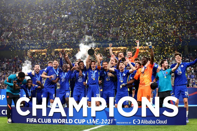 Chelsea merayakan statusnya sebagai juara Piala Dunia Antarklub 2021. Foto: Twitter @Chelsea