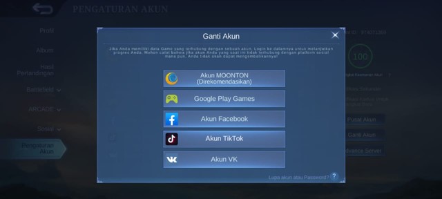 Pilihan Tautan Akun Sebelum Logout. (Foto: Tangkapan Layar di Mobile Legends)