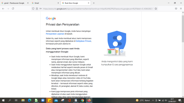 Laman menampilkan Privasi dan Persyaratan.